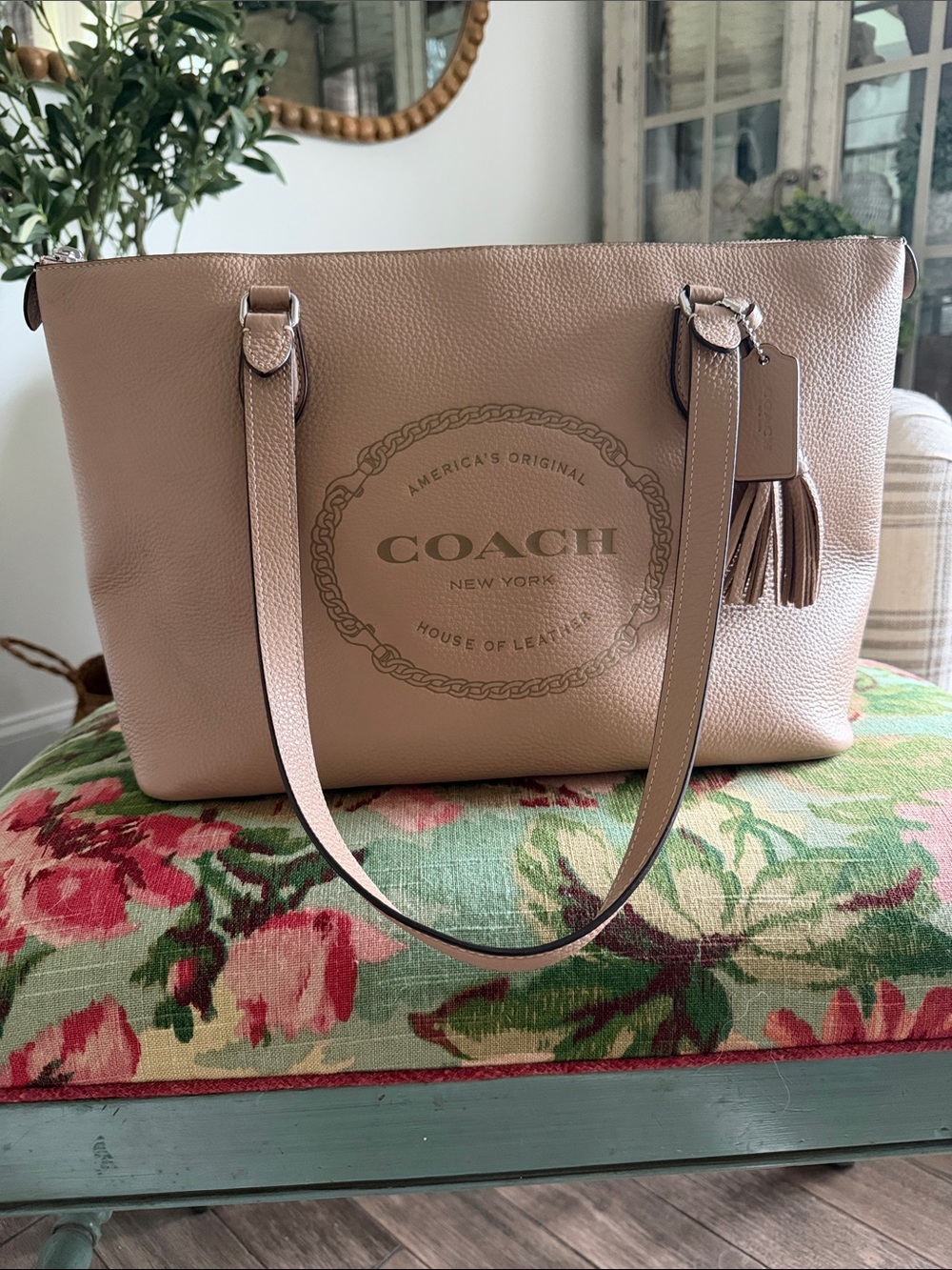 Coach Tan Pebbled Leather Tote with Tassel
